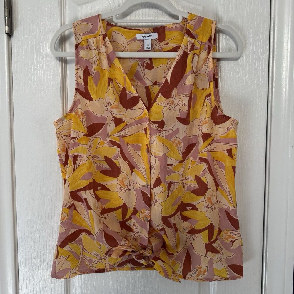 Nine West Tie Front Yellow Floral Sleeveless Blouse Top Shirt Size Medium